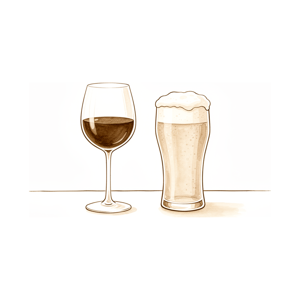 A glass of wine and a glass of beer.
