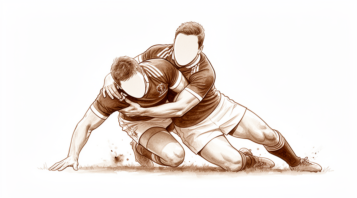 A hand-drawn illustration of a rugby player being tackled, their shoulder taking the impact as they are driven toward the ground.