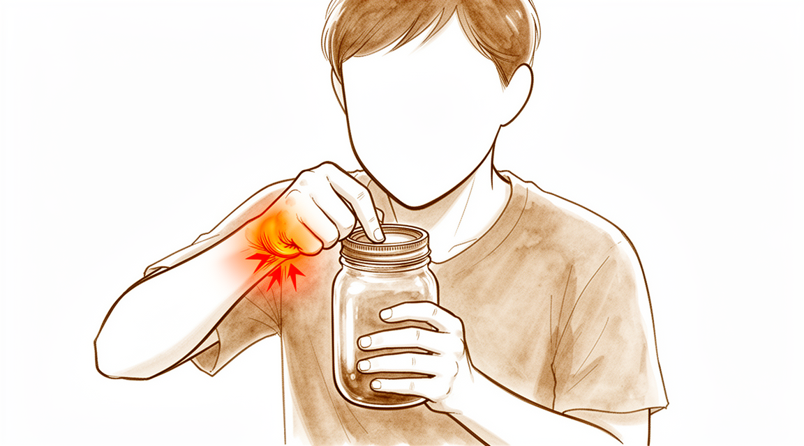 A hand-drawn illustration of a faceless person struggling to open a jar lid, pain at the base of the thumb.