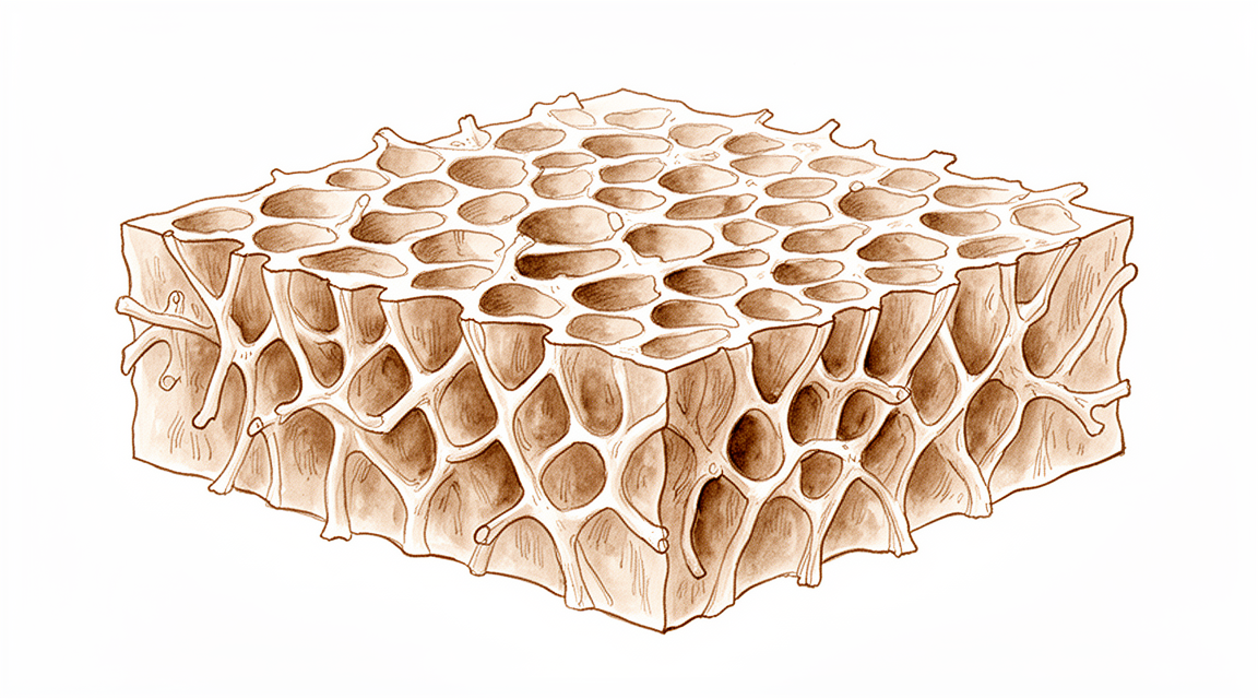 Cross-section of trabecular bone showing its honeycomb internal structure.