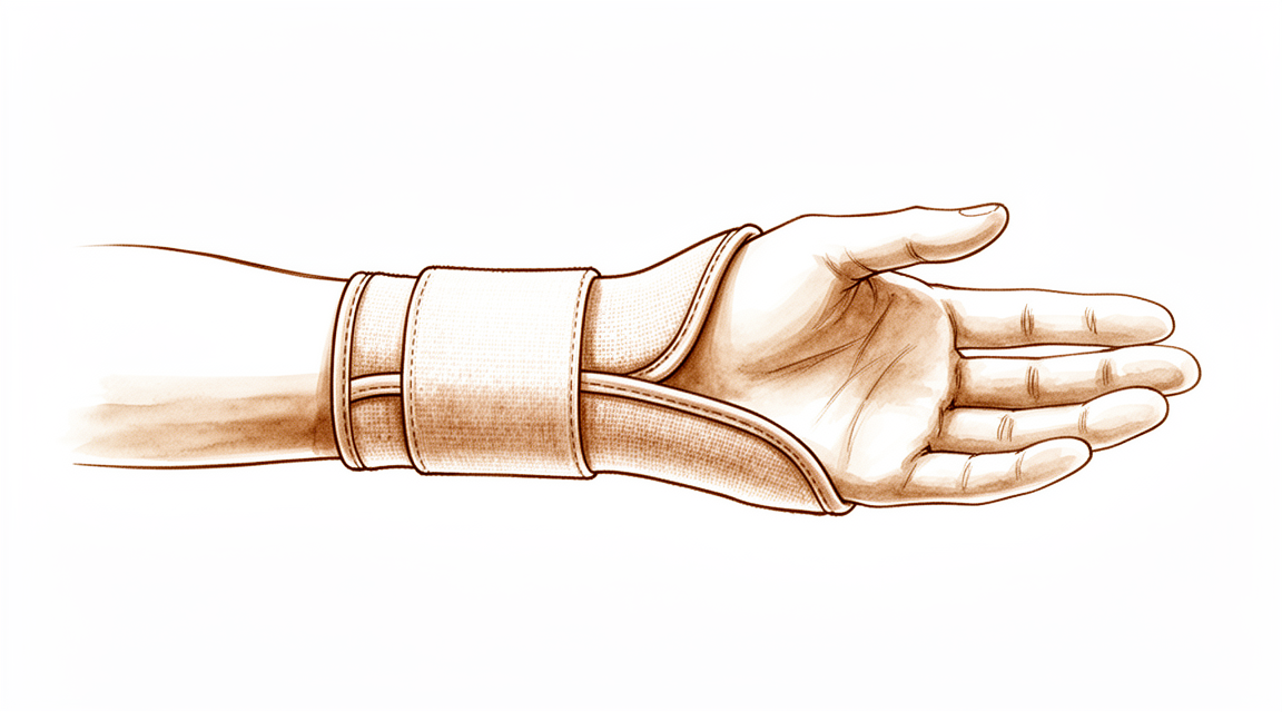 A fabric wrist support splint worn on a forearm and hand.
