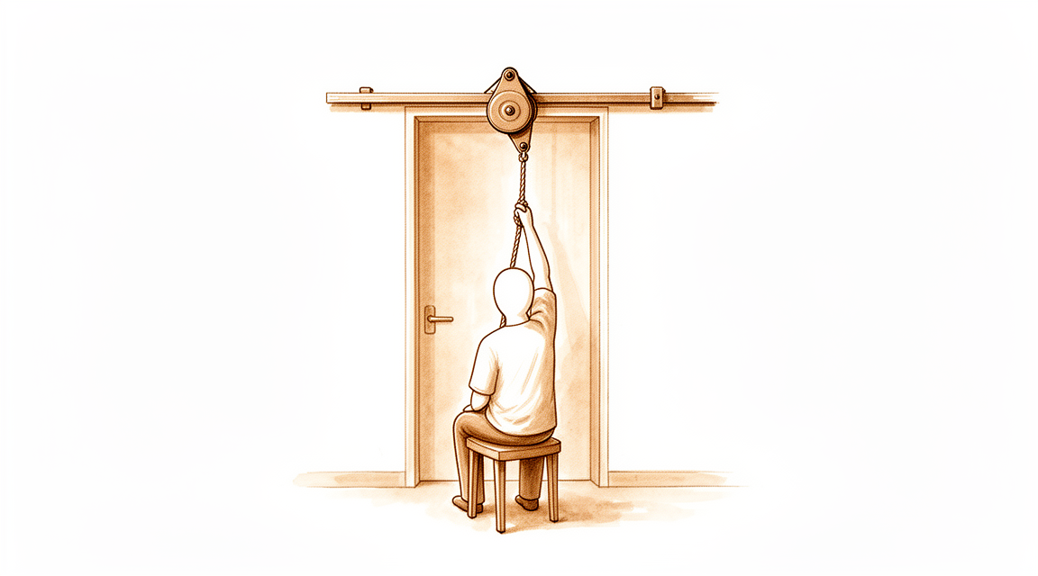 Illustration of a person using an over-door pulley to raise one arm.
