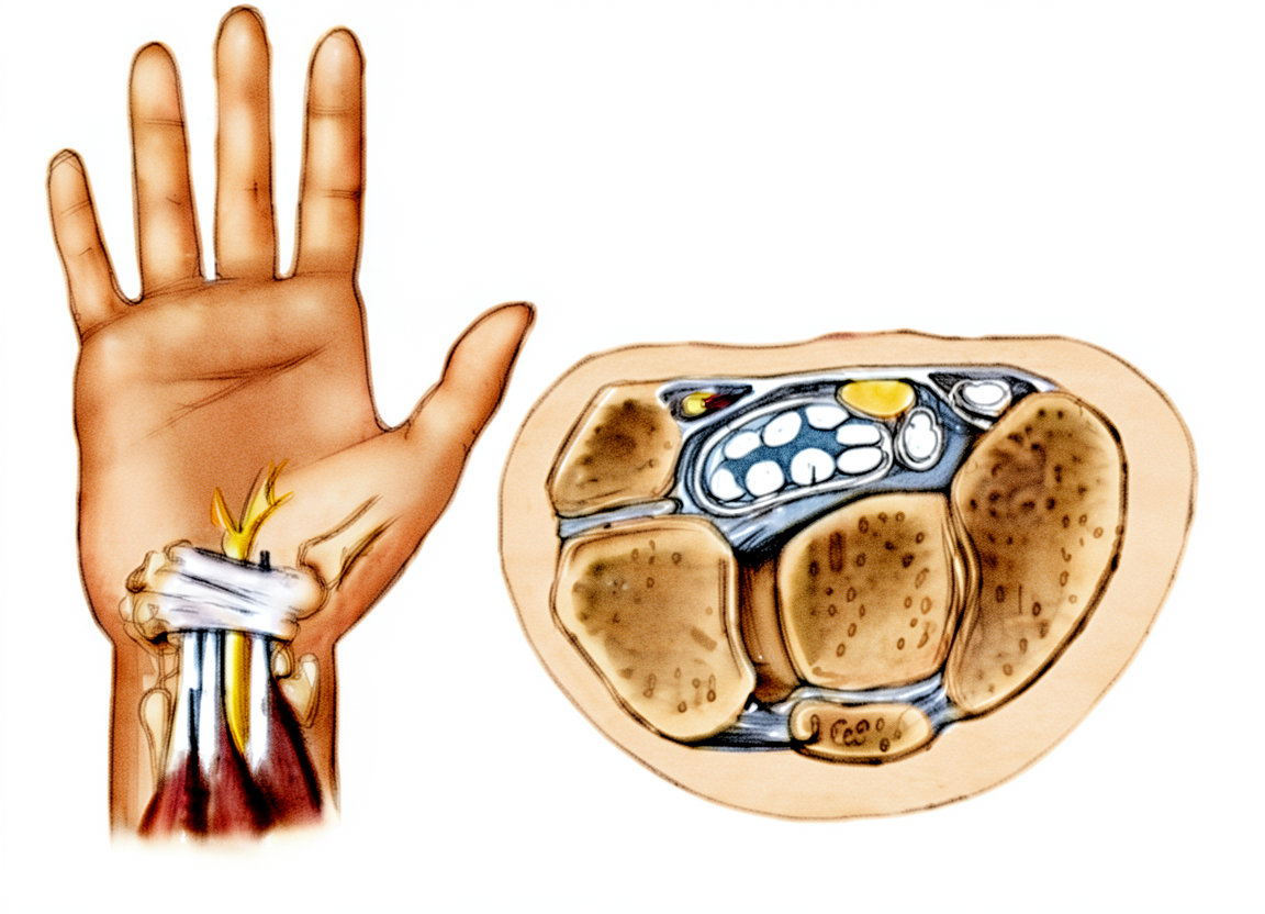 Anatomy of the carpal tunnel: the ligament crossing the wrist over the median nerve and tendons