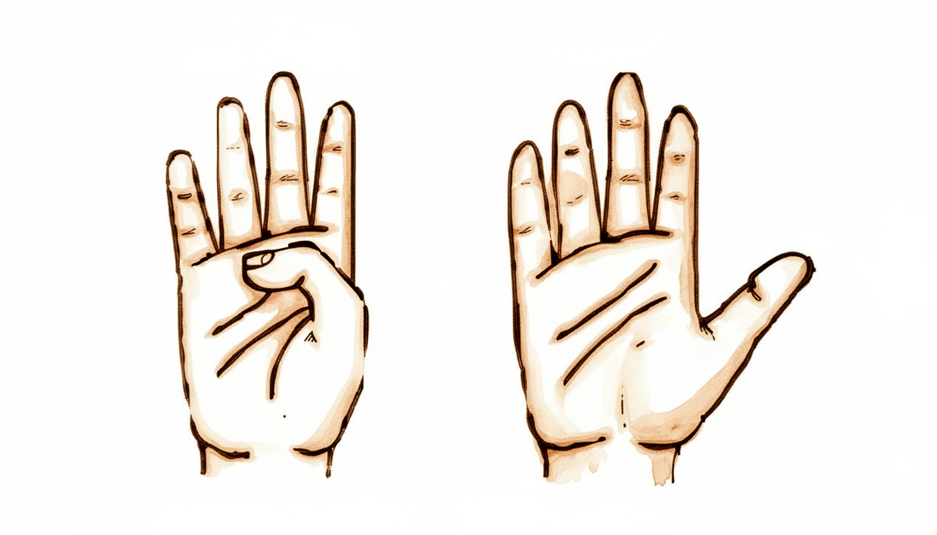 The thumb moves toward the base of the little finger, then straightens.