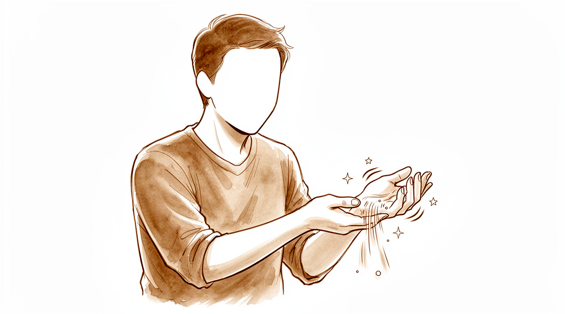 A hand-drawn illustration of a faceless person shaking out a numb tingling hand at night.
