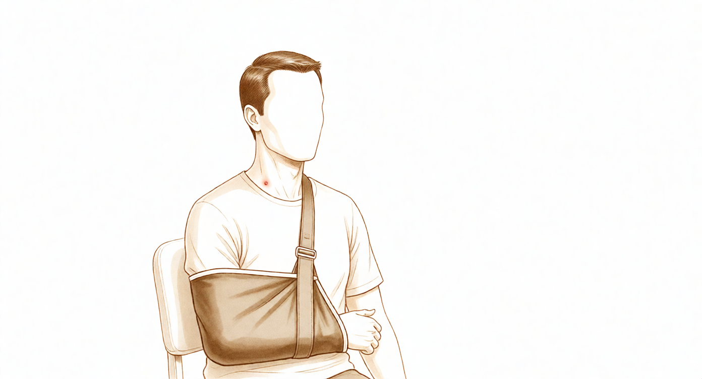 Illustration of a person standing with good posture, the arm resting in a sling.