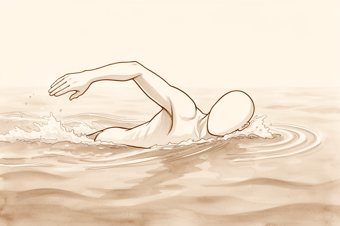 A hand-drawn illustration of a swimmer mid-freestyle stroke.