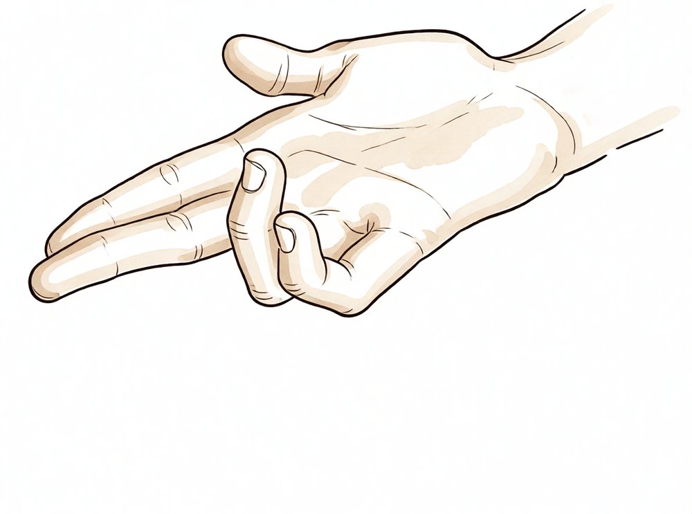 A hand-drawn illustration of a faceless person with the elbow bent, holding the inner side of the elbow, the little and ring fingers tingling.