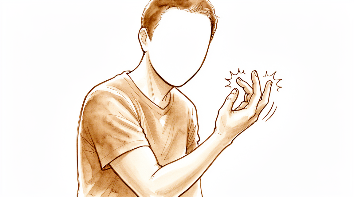 A hand-drawn illustration of a faceless person with a bent elbow, shaking the tingling little and ring fingers of their hand.
