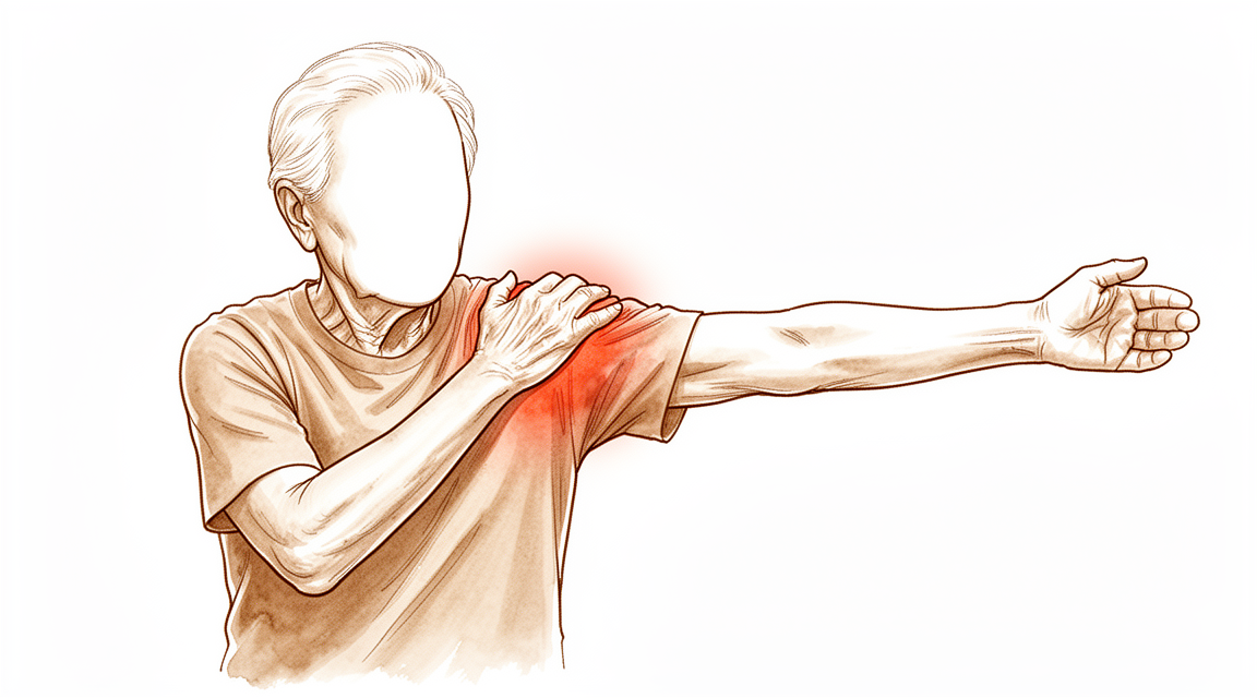 A hand-drawn illustration of an older faceless person struggling to lift their arm out to the side with shoulder pain.