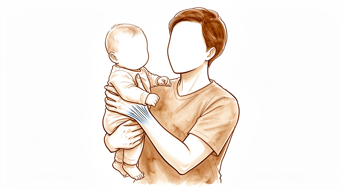 A hand-drawn illustration of a faceless parent lifting a baby with thumb-side wrist strain.