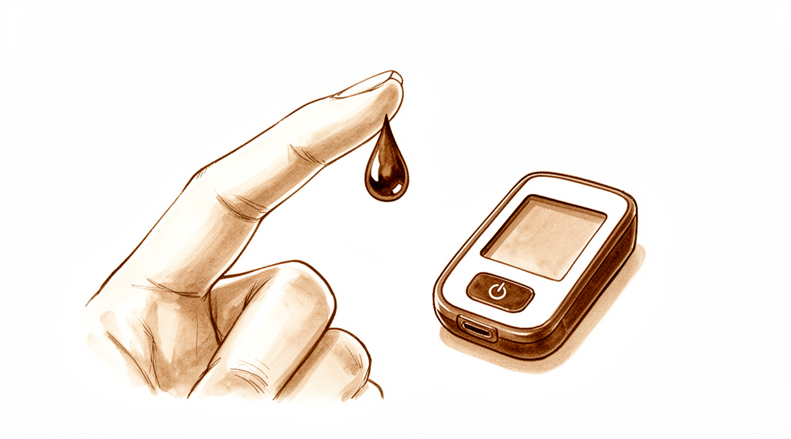 A fingertip blood-glucose drop beside a small glucometer.