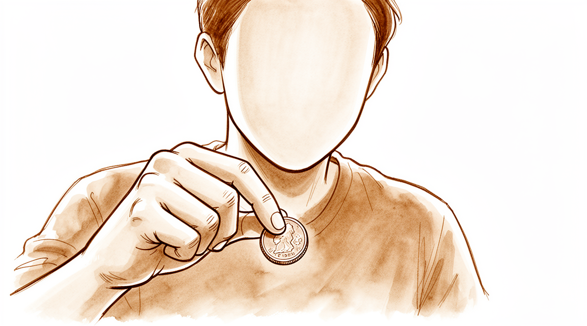 A hand-drawn illustration of a faceless person trying to pick up a small coin with stiff fingertips.