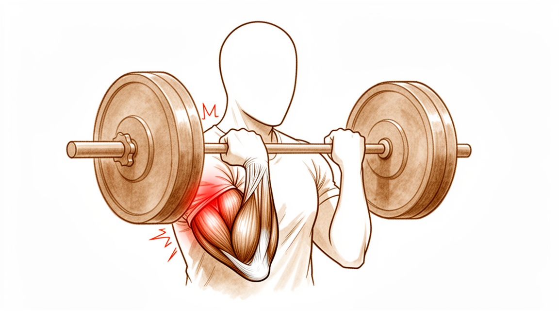 A hand-drawn illustration of a faceless person straining to lift, pain at the front crease of the elbow where the biceps tendon attaches.