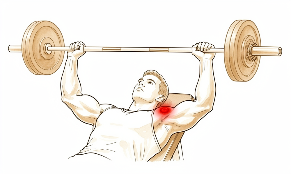 Illustration of a person bench-pressing in the gym with pain at the top of the shoulder.