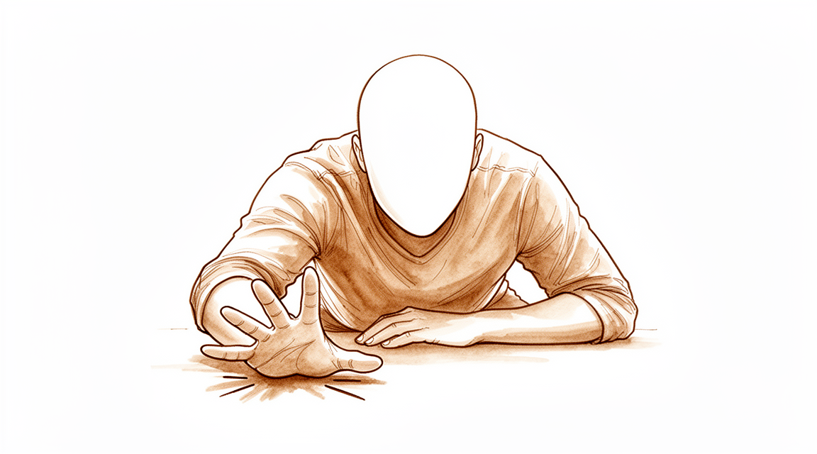 A hand-drawn illustration of a faceless person who has fallen forward onto an outstretched hand, the wrist taking the impact.