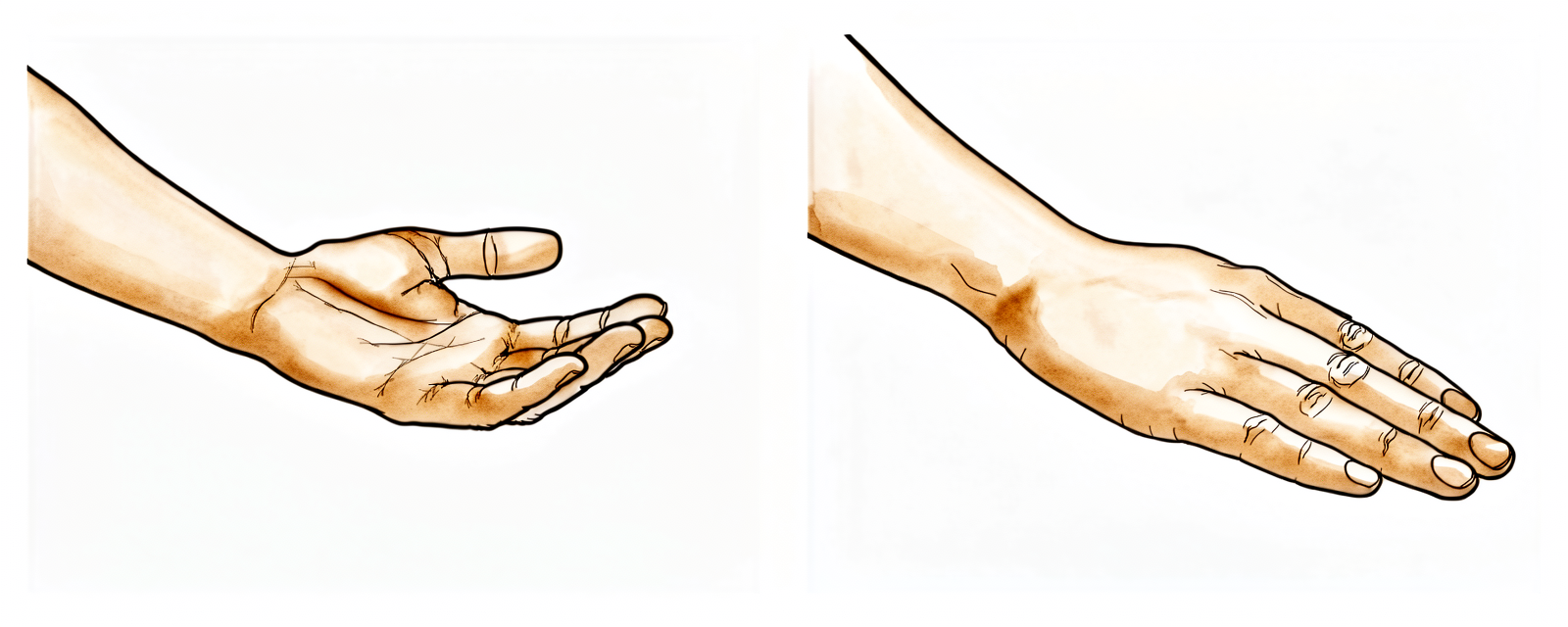 With the elbow tucked at the side and bent to a right angle, the forearm rotates palm up then palm down.