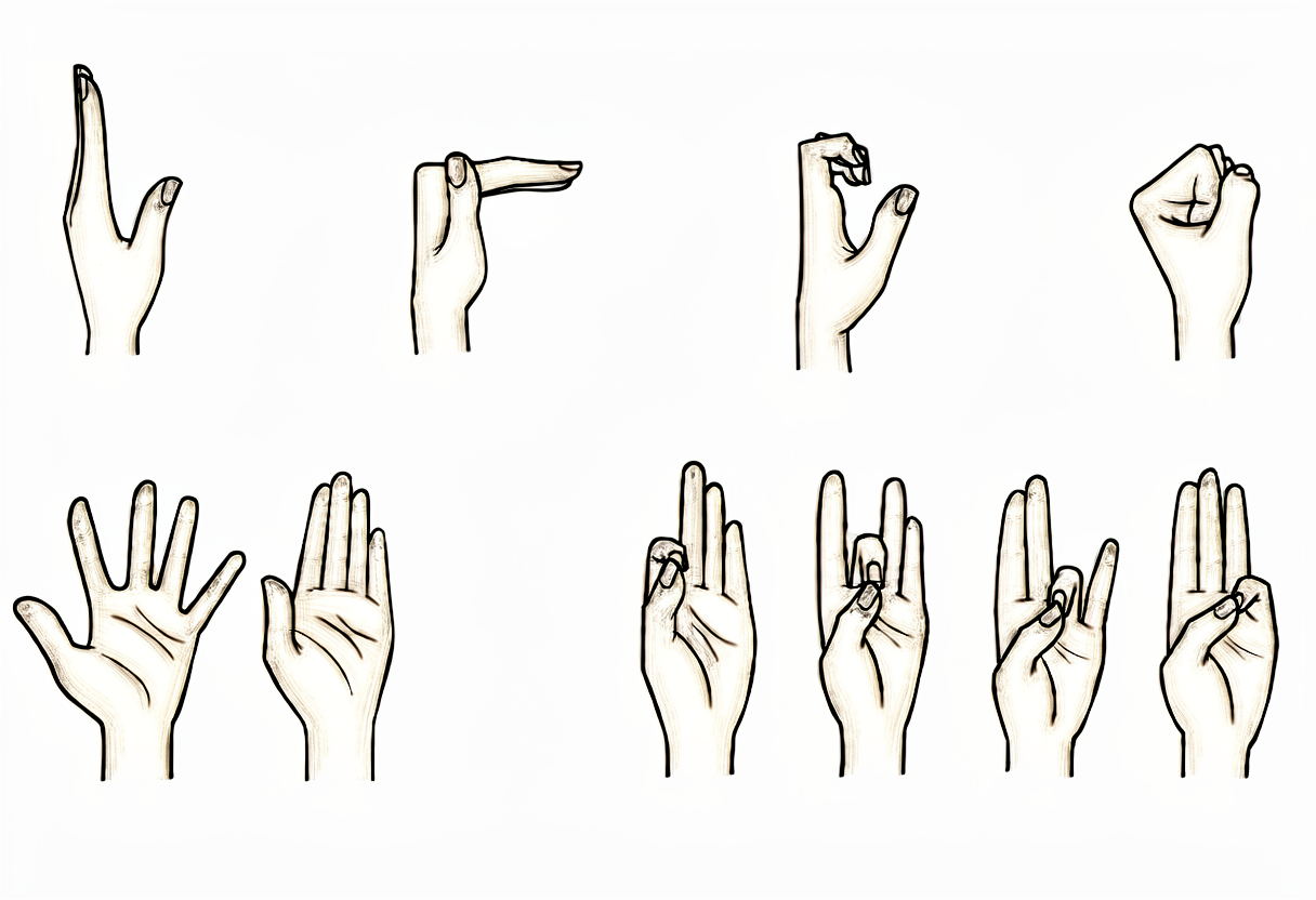 Six hand positions: straight fingers, tabletop, claw, closed fist, spread fingers, and thumb-to-finger touch.