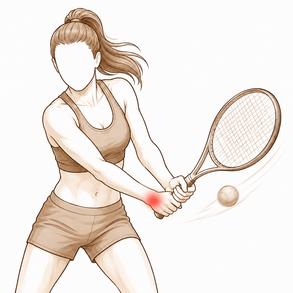 A hand-drawn illustration of a faceless person playing a two-handed backhand, with the little-finger side of the leading wrist highlighted in red.
