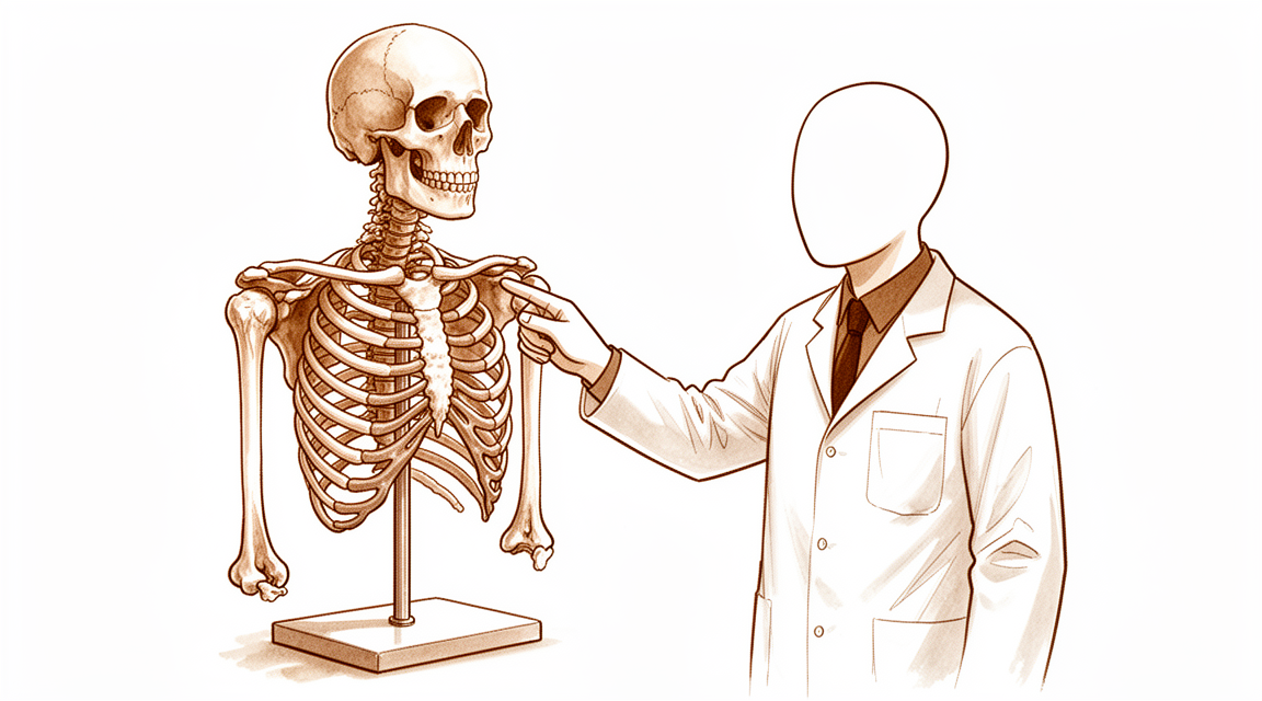 A hand-drawn illustration of an anatomy lecturer pointing at a skeleton model.