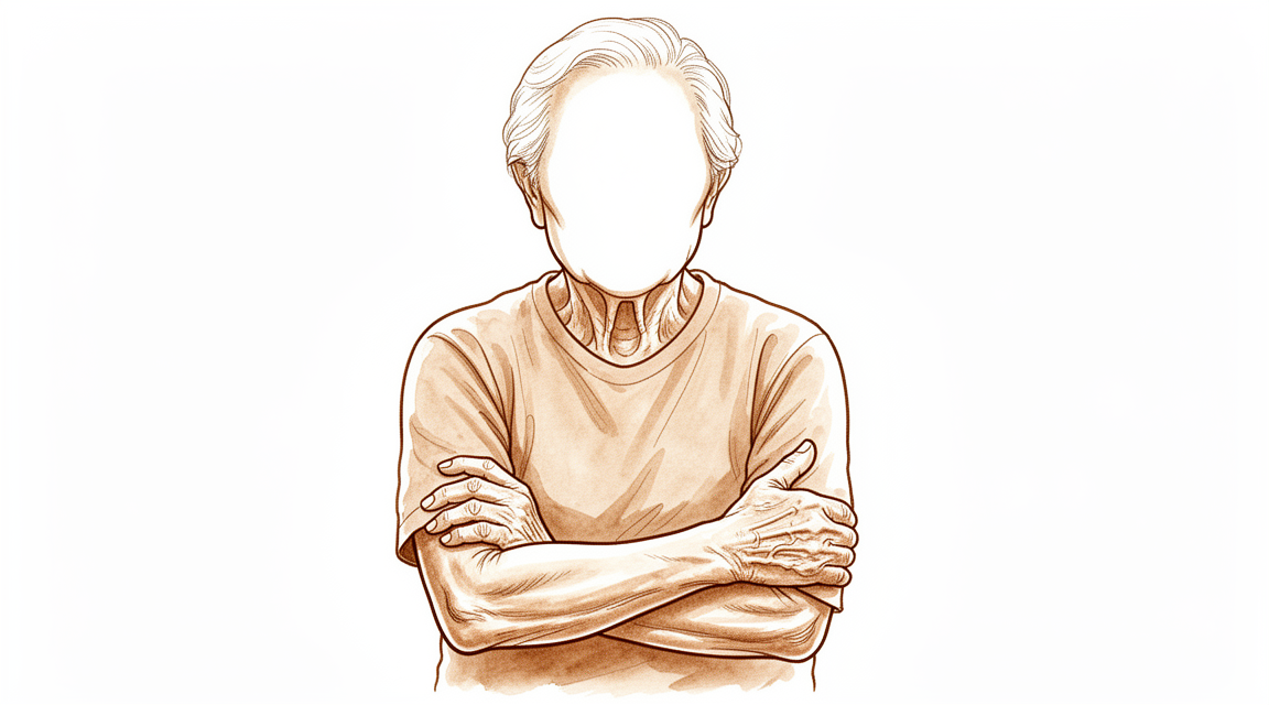 A hand-drawn illustration of an older faceless person holding a stiff painful elbow.