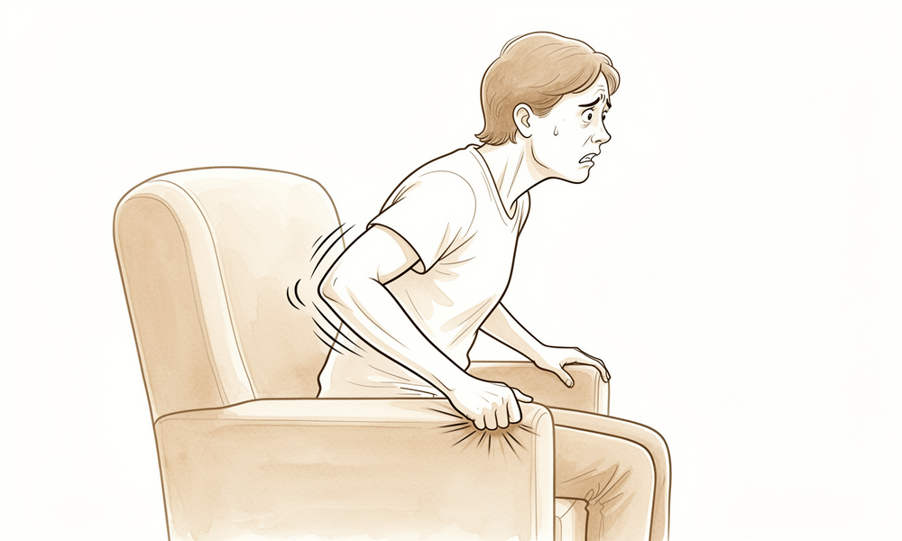 A hand-drawn illustration of a faceless person holding their elbow after it gave way in a fall.
