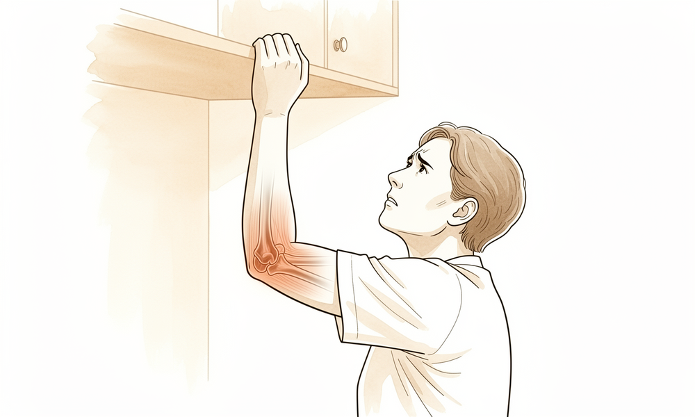 A hand-drawn illustration of a faceless older person unable to fully straighten a stiff painful elbow.