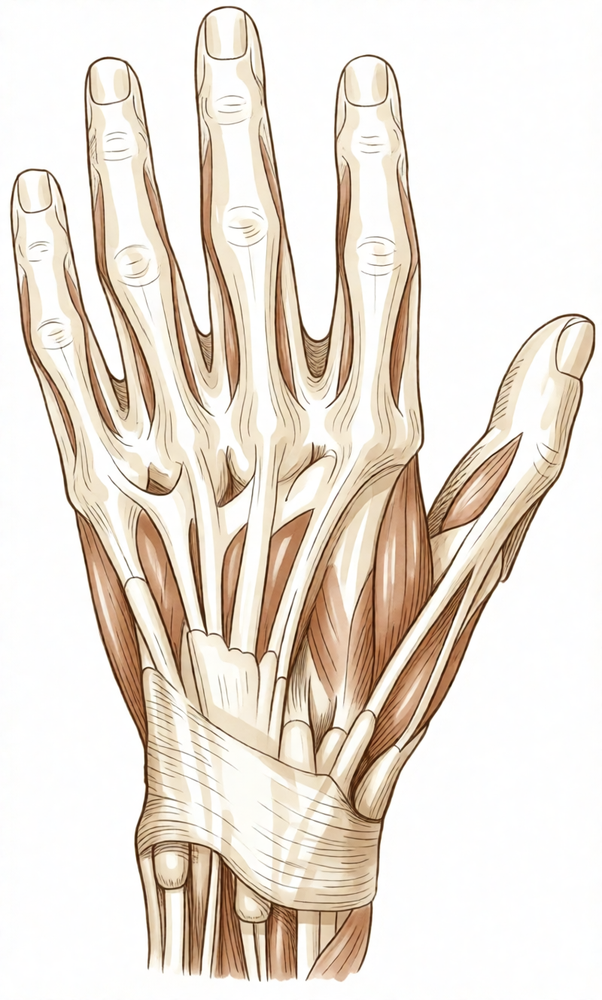 Illustration of the extensor tendons fanning across the back of the hand and fingers.