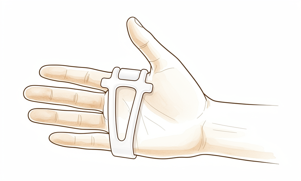 A small yoke splint across the back of the hand holding the repaired finger's knuckle slightly higher (more straightened) than its neighbours, with the fingers free to move and use.