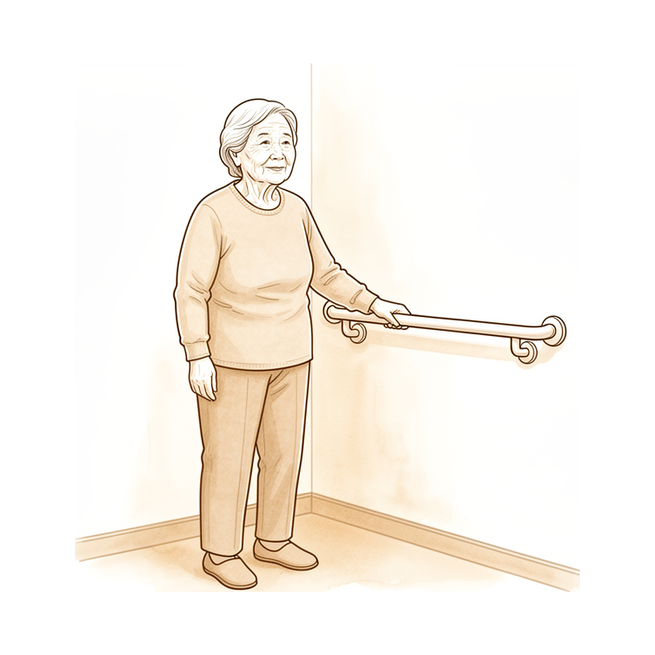 An older adult steadying themselves with a hand on a grab rail.