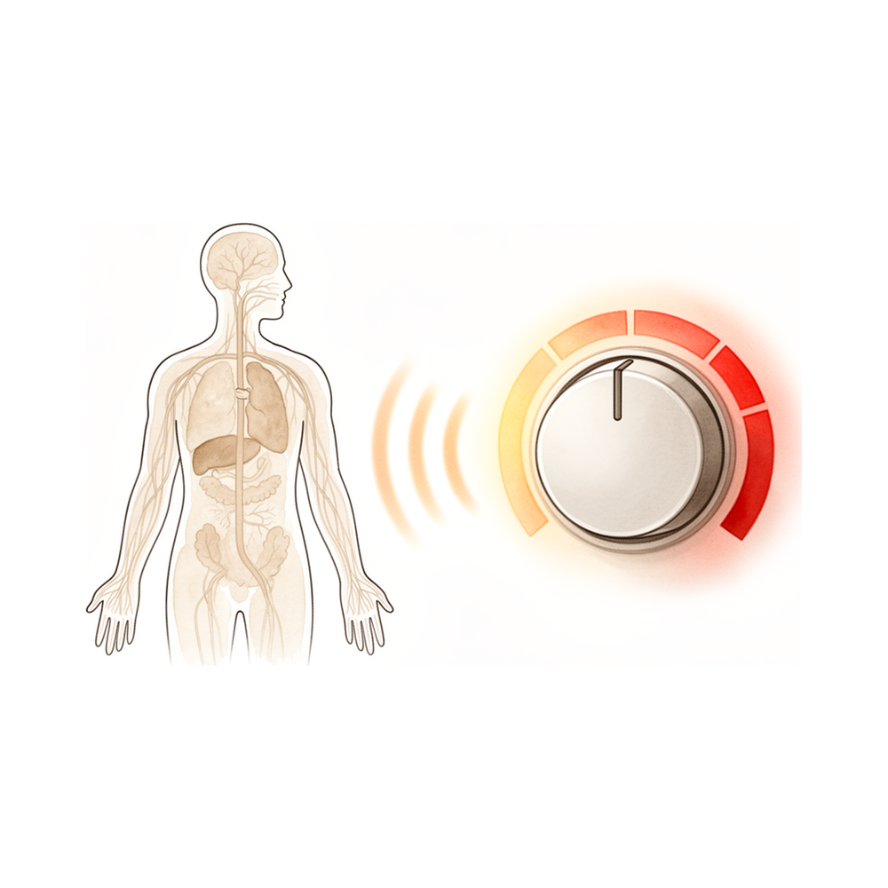 Illustration of widespread, amplified pain — a body with a pain 'dial' turned into the red.