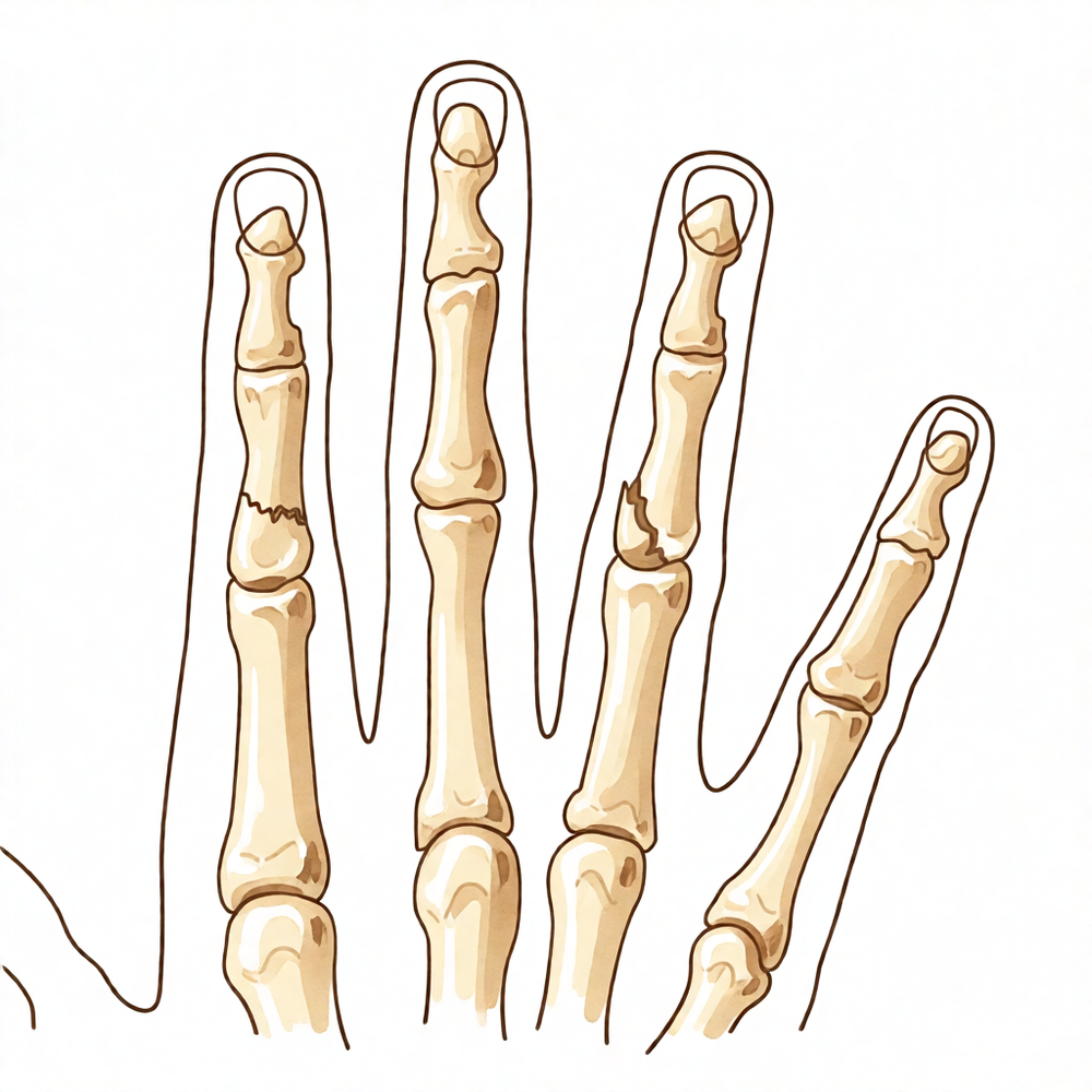 A hand-drawn illustration of a fractured finger bone.