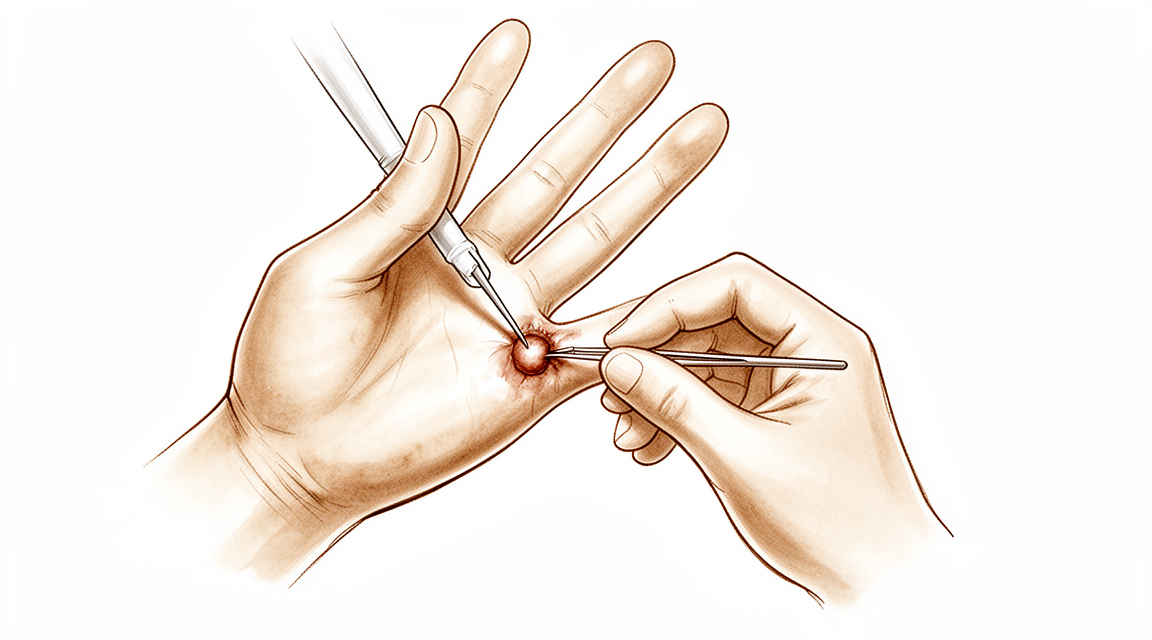 Illustration of a small firm cyst at the base of a finger on the palm side, arising from the flexor tendon sheath over the A1 pulley.