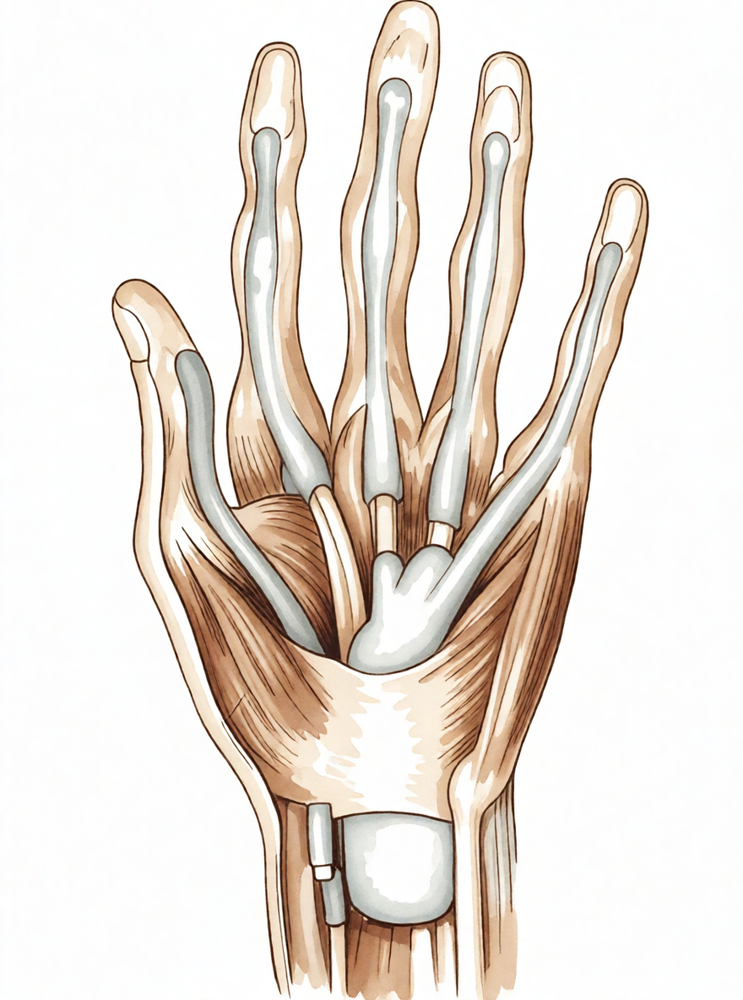 Illustration of the flexor tendons running along the palm side of the fingers inside their sheaths.