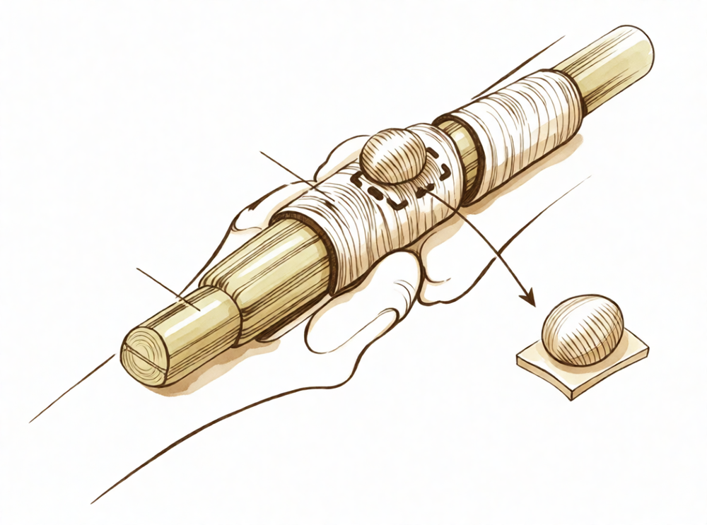 Illustration of a small ganglion being removed from the sheath of a flexor tendon.