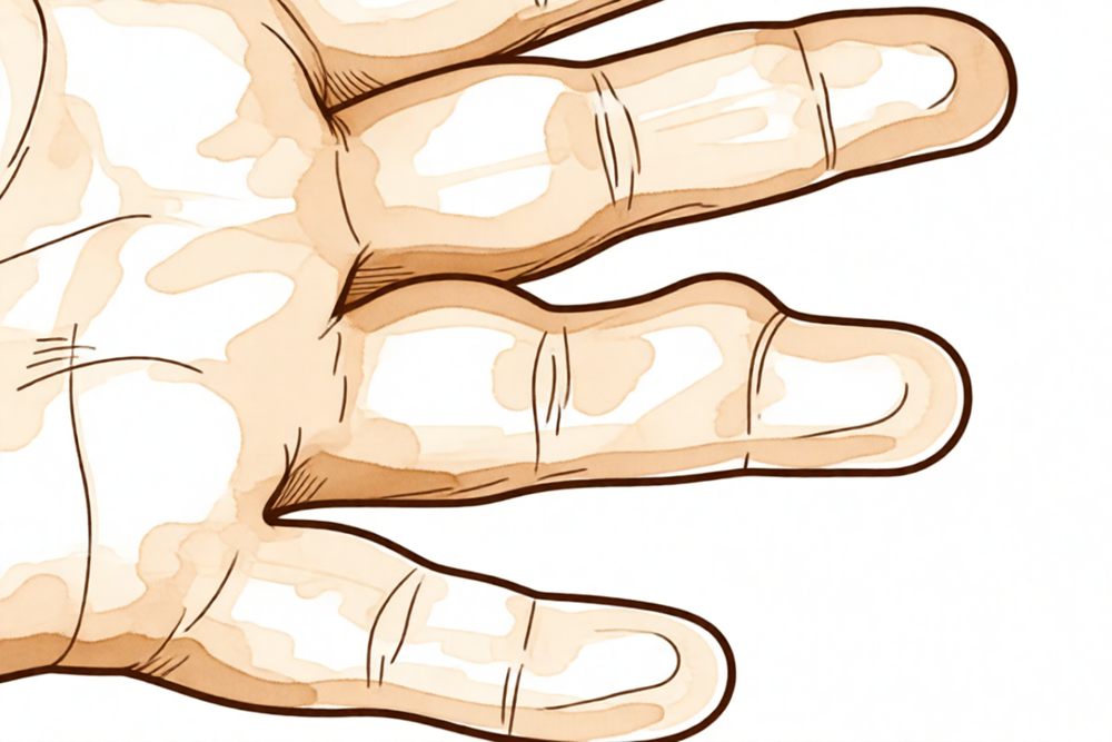 A hand-drawn illustration of a benign soft lump on the side of a finger.