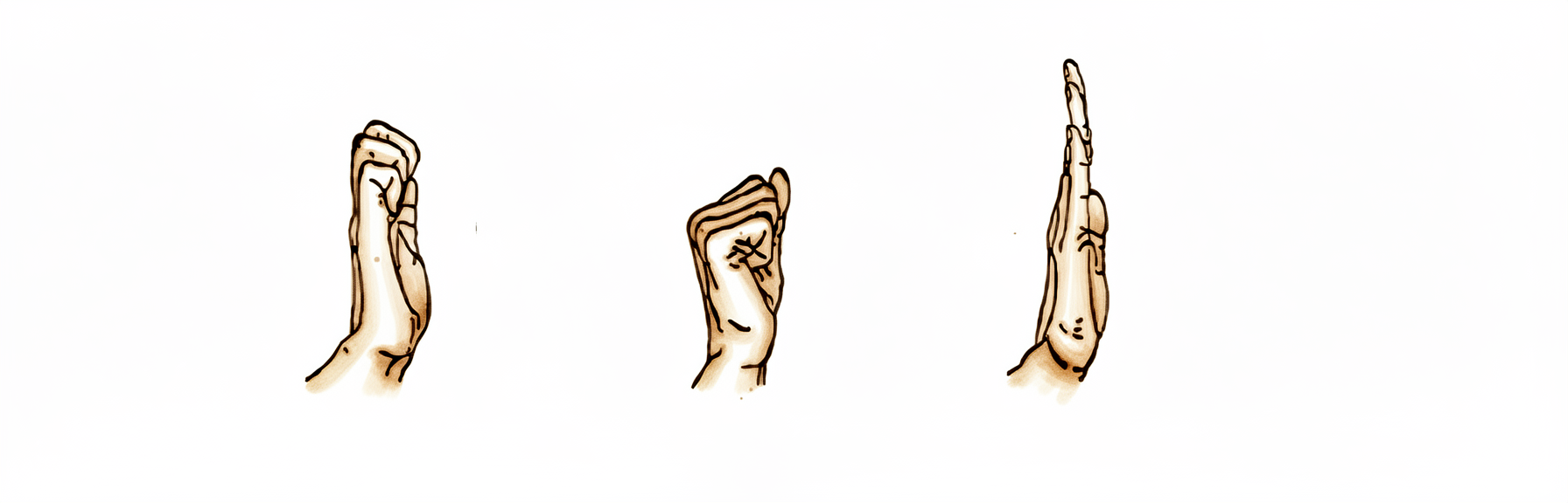 The hand making a hook or claw shape: the big knuckles kept straight while the smaller finger joints curl down towards the palm.