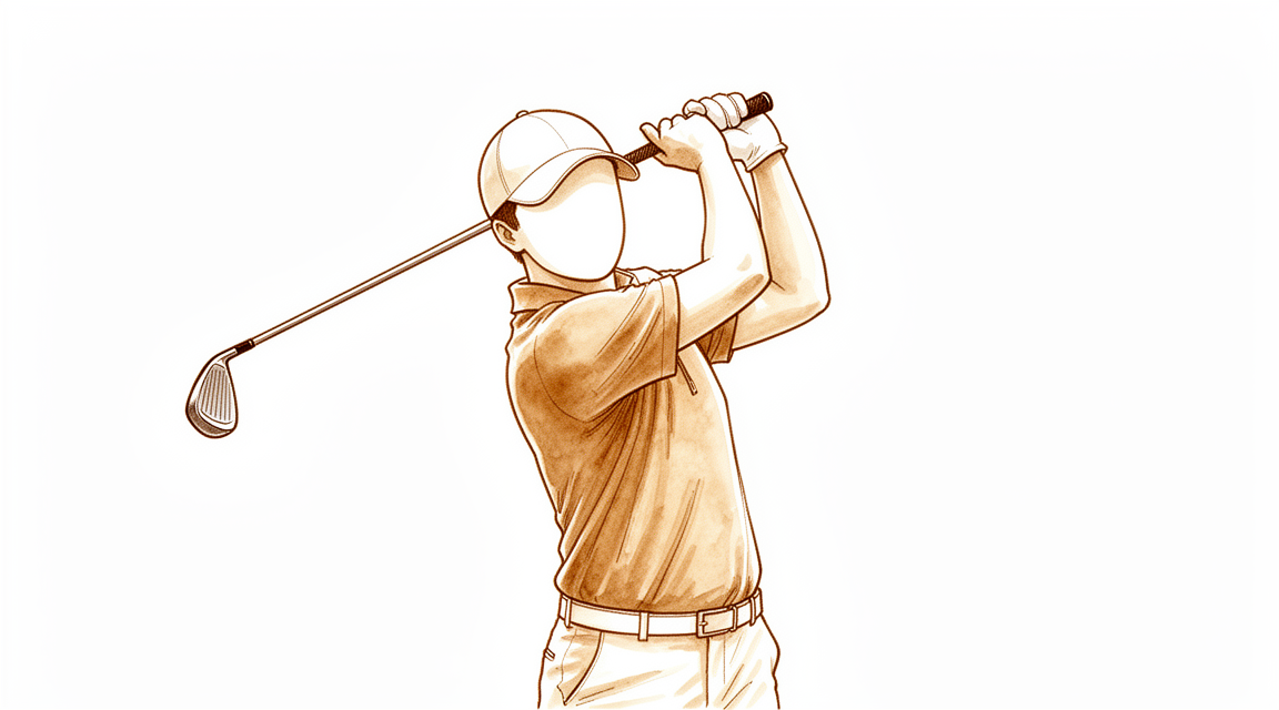 A hand-drawn illustration of a faceless person mid golf swing.