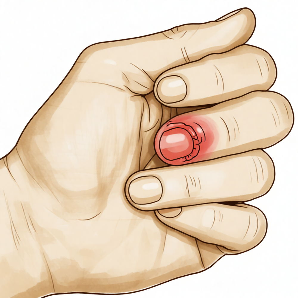 A hand-drawn illustration of a swollen red infected finger.