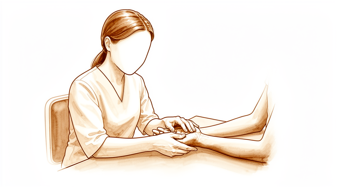 A hand-drawn illustration of a hand therapist working a patient's hand.