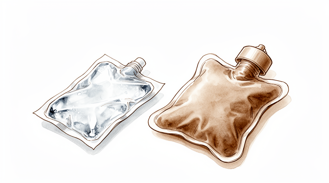 A hand-drawn illustration of an ice pack beside a warm heat pack.