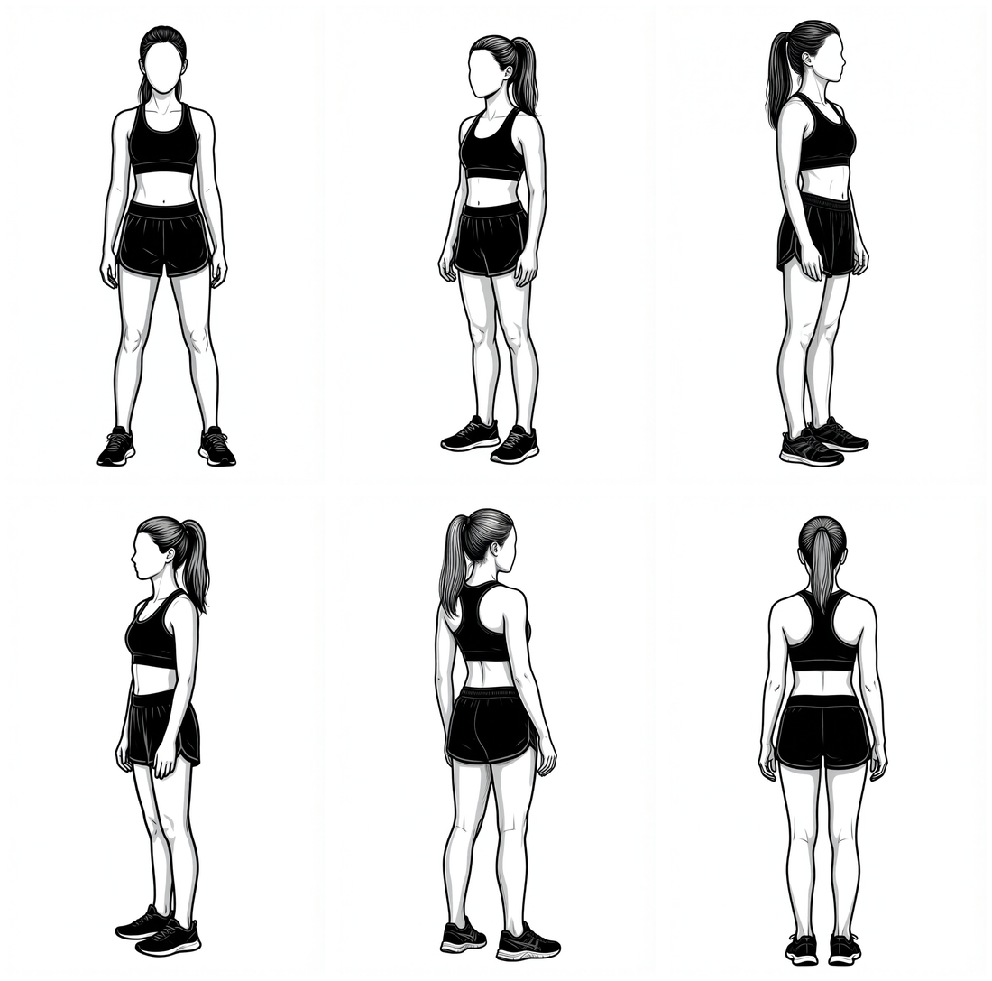 The OrthoWiki rehabilitation house character shown in six standing reference views — front, three-quarter, both profiles and back.