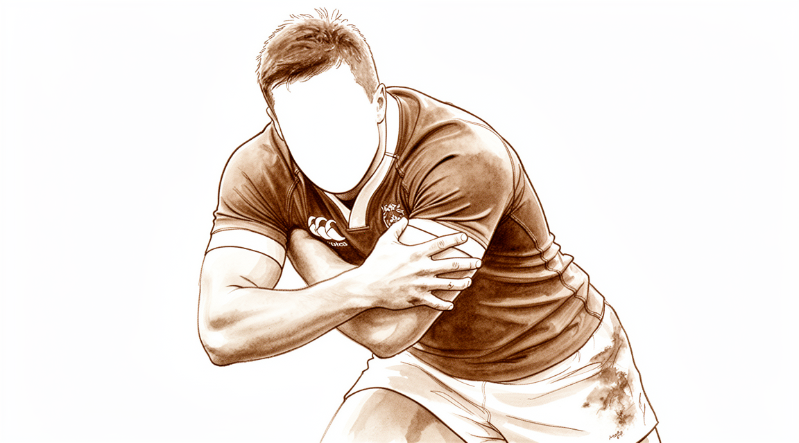 A hand-drawn illustration of a rugby player bracing their shoulder in a tackle.