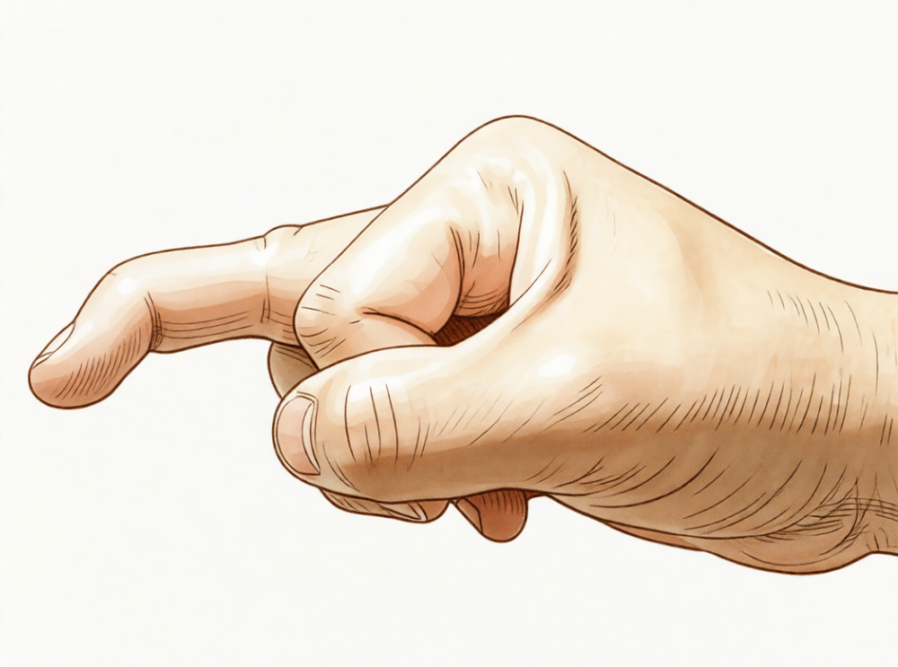 A hand-drawn illustration of a hand with one fingertip drooped down, unable to straighten it.