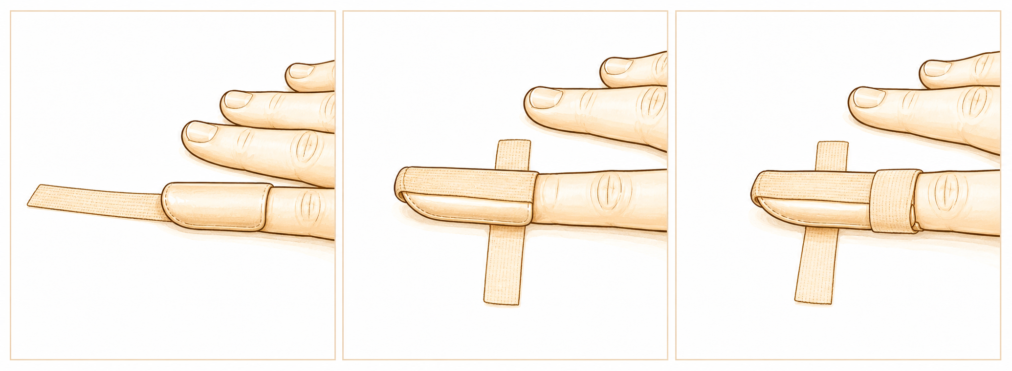Resting the finger flat on a table while swapping the splint so the fingertip never droops.