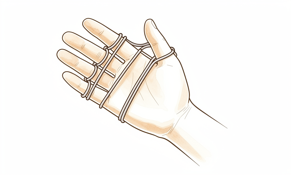 Bending the fingers down at the knuckles against the splint's elastic loops, then letting them spring back straight.