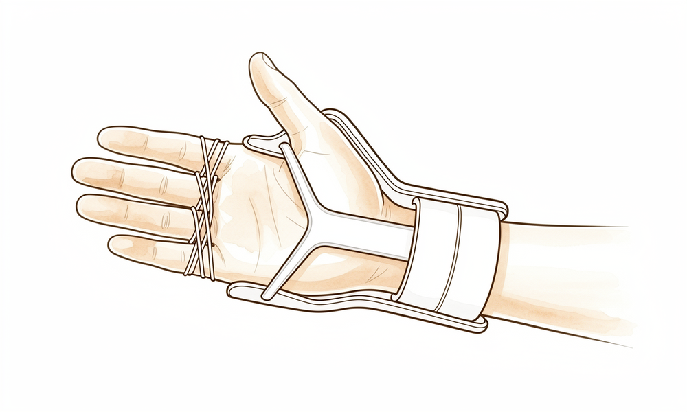 A forearm-based splint with an outrigger bar and finger loops that hold the knuckles straight while the fingers rest.