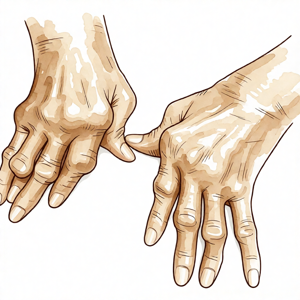 Illustration of knuckle (MCP) joints with the fingers drifting toward the little-finger side, corrected by joint replacement.