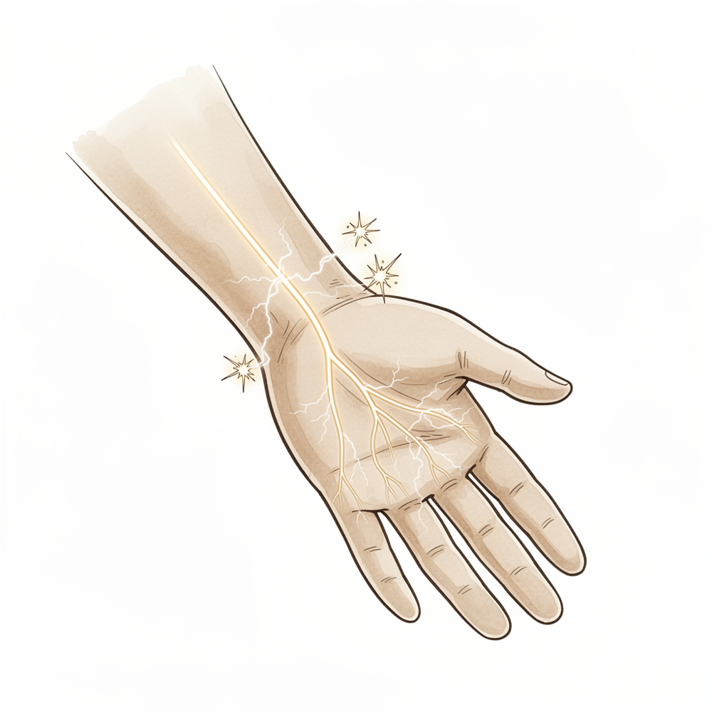 A forearm with a nerve traced along it and tingling spark marks.