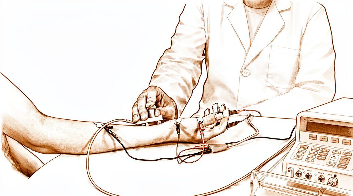 A nerve conduction study: a probe on the forearm with electrode leads on the hand.